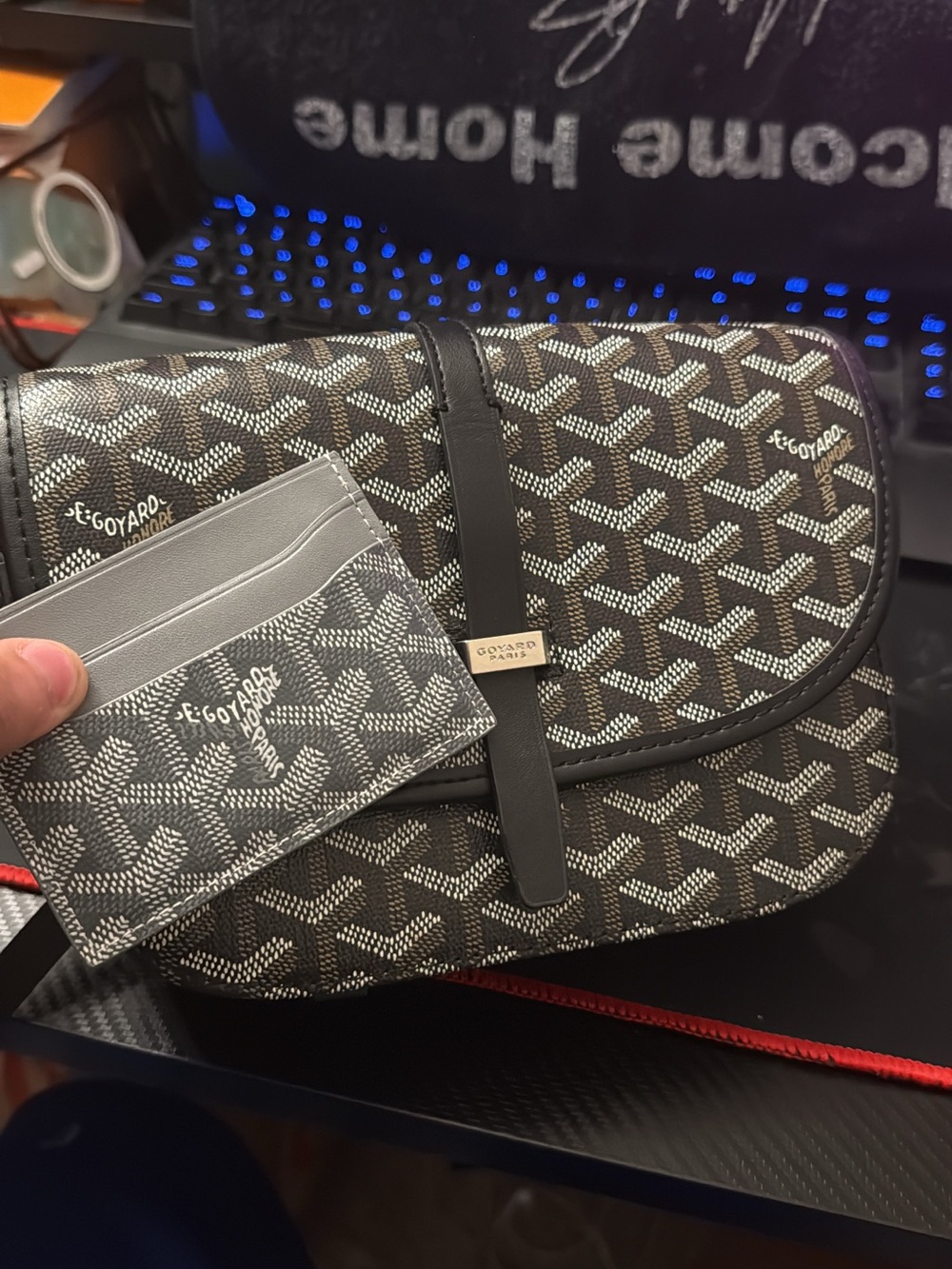 Goyard Black and Gray Chevron Canvas Belt Bag with Card Holder